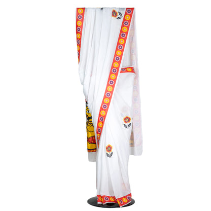 Shiva Parvati Ganesh Saree – Jamini Roy Inspired Art on White Cotton