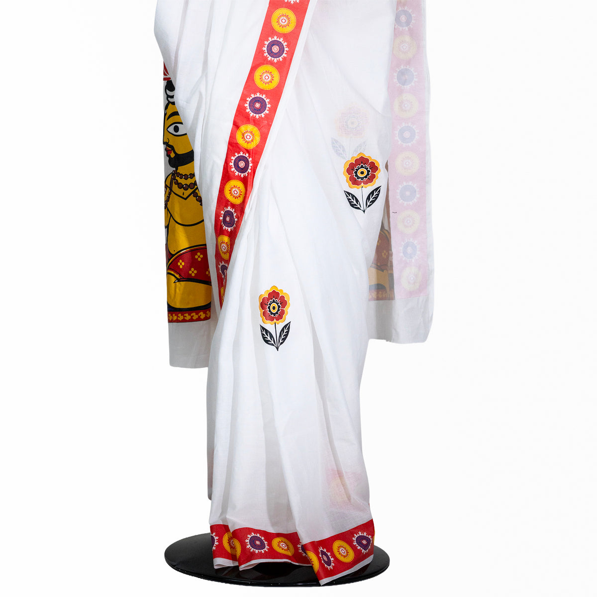 Shiva Parvati Ganesh Saree – Jamini Roy Inspired Art on White Cotton
