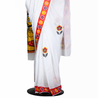 Shiva Parvati Ganesh Saree – Jamini Roy Inspired Art on White Cotton