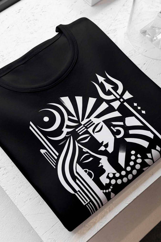 Shiva-Sakti T-Shirt featuring a bold black and white graphic of divine energies. Unisex 100% cotton tee, perfect for spiritual and artistic expression.