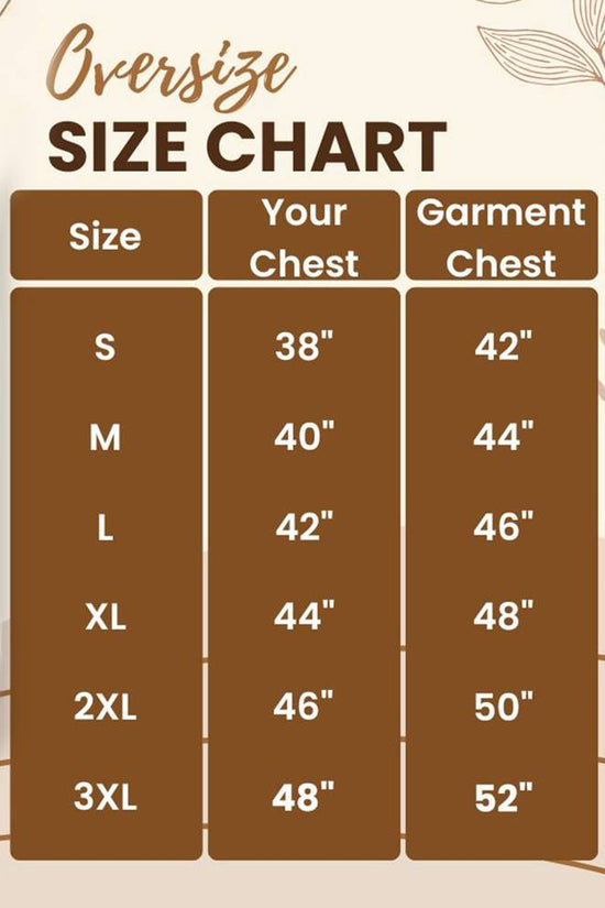 Oversize size chart showing chest measurements from S to 3XL for unisex oversized fit t-shirt.