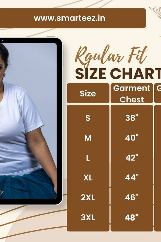 Smarteez regular fit size chart for T-shirts, displaying garment chest and waist measurements for a perfect fit.