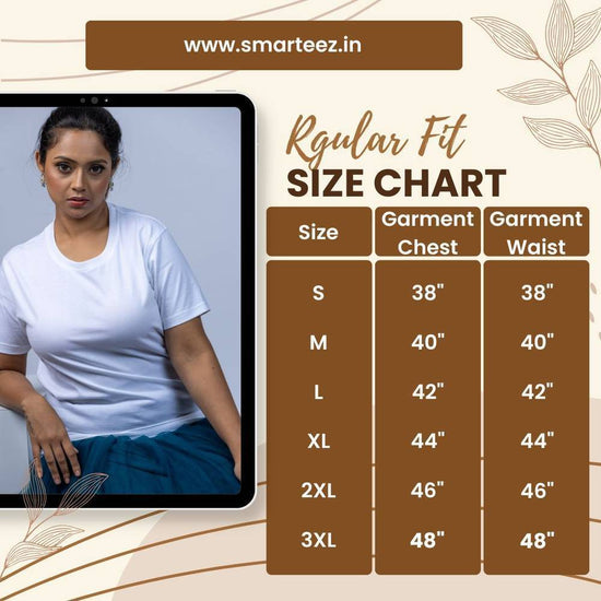 Smarteez regular fit size chart for T-shirts, displaying garment chest and waist measurements for a perfect fit.
