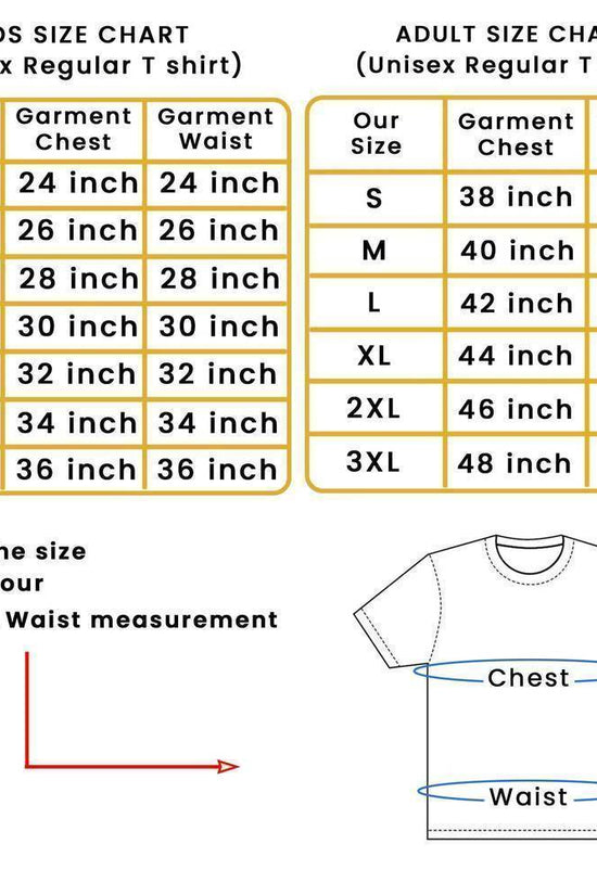 Size chart for unisex regular fit T-shirts, showing chest and waist measurements for kids and adults, with a diagram for size selection.