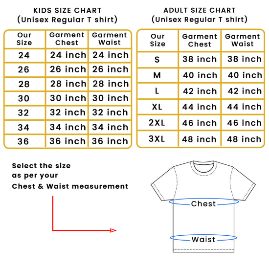 Size chart for unisex regular fit T-shirts, showing chest and waist measurements for kids and adults, with a diagram for size selection.