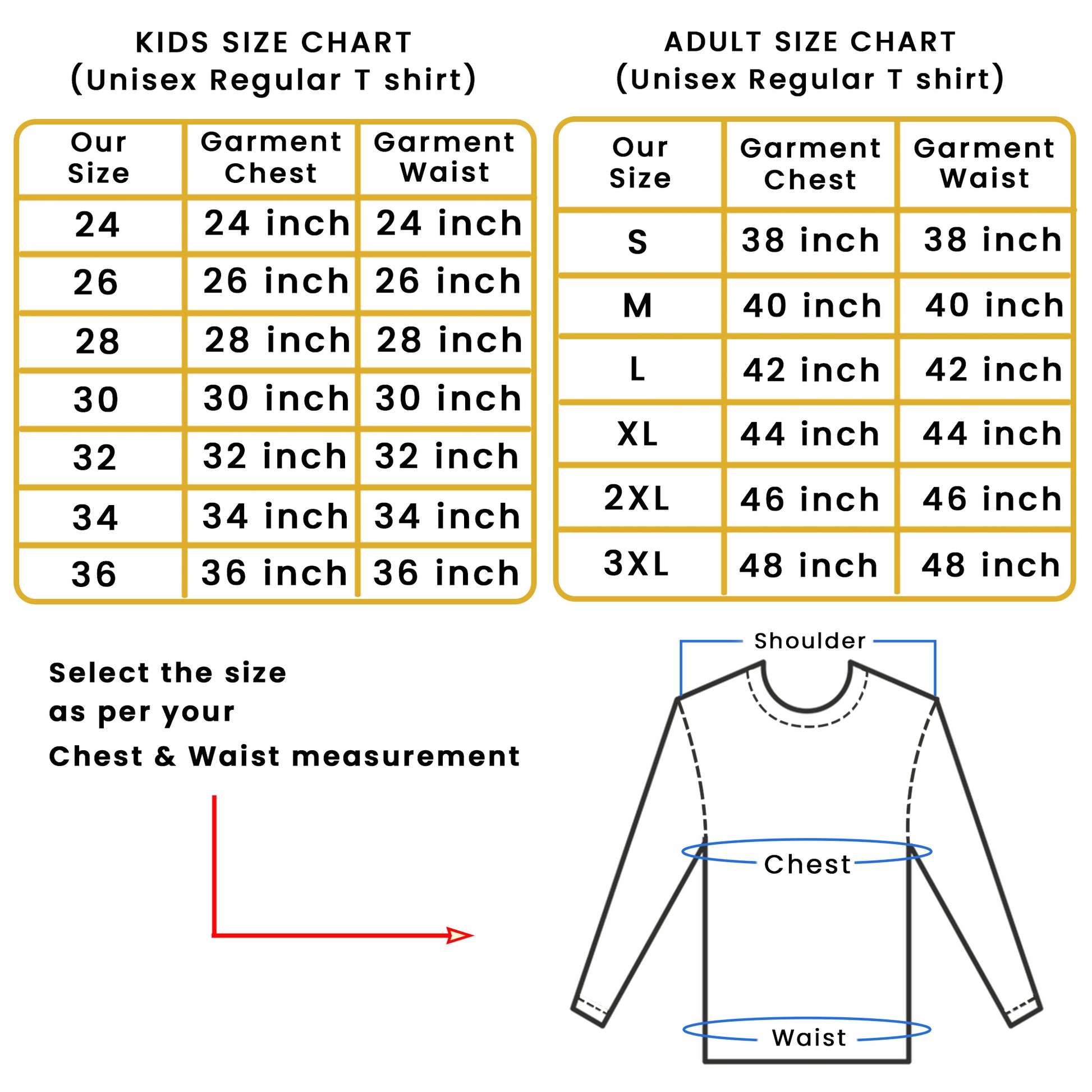 Size chart for unisex regular T-shirts, detailing chest and waist measurements for kids and adults, including sizes S to 3XL.