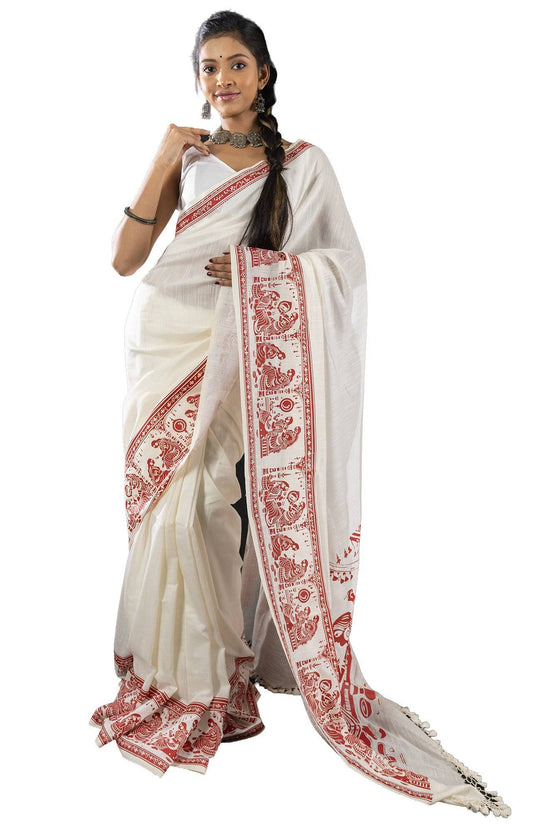 Front view of Sringer red on white khadi cotton saree with traditional Patachitra prints, ideal for cultural occasions.