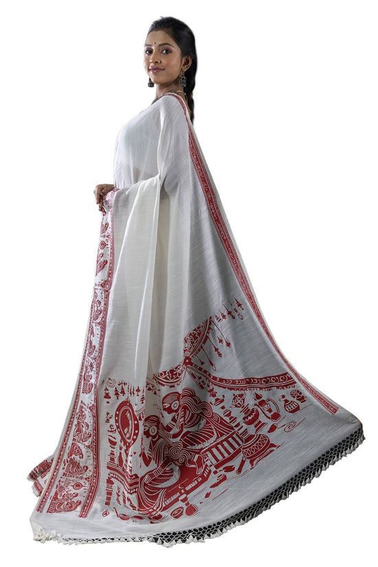 Sringer red on white printed khadi cotton saree with Kalighat Patachitra motifs, draped elegantly for traditional wear.