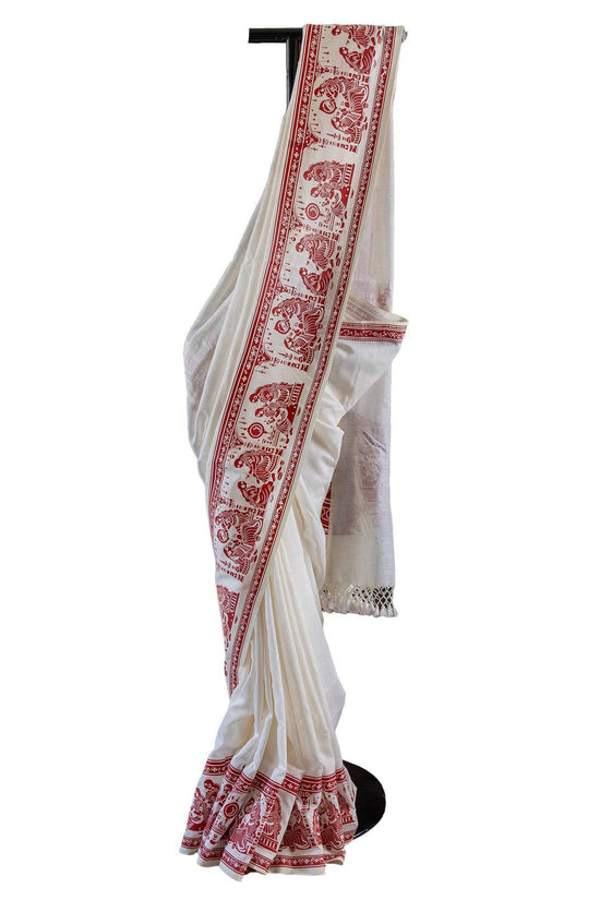 Sringer red on white printed saree in khadi cotton with Kalighat Patachitra motifs, ideal for traditional wear and cultural occasions.