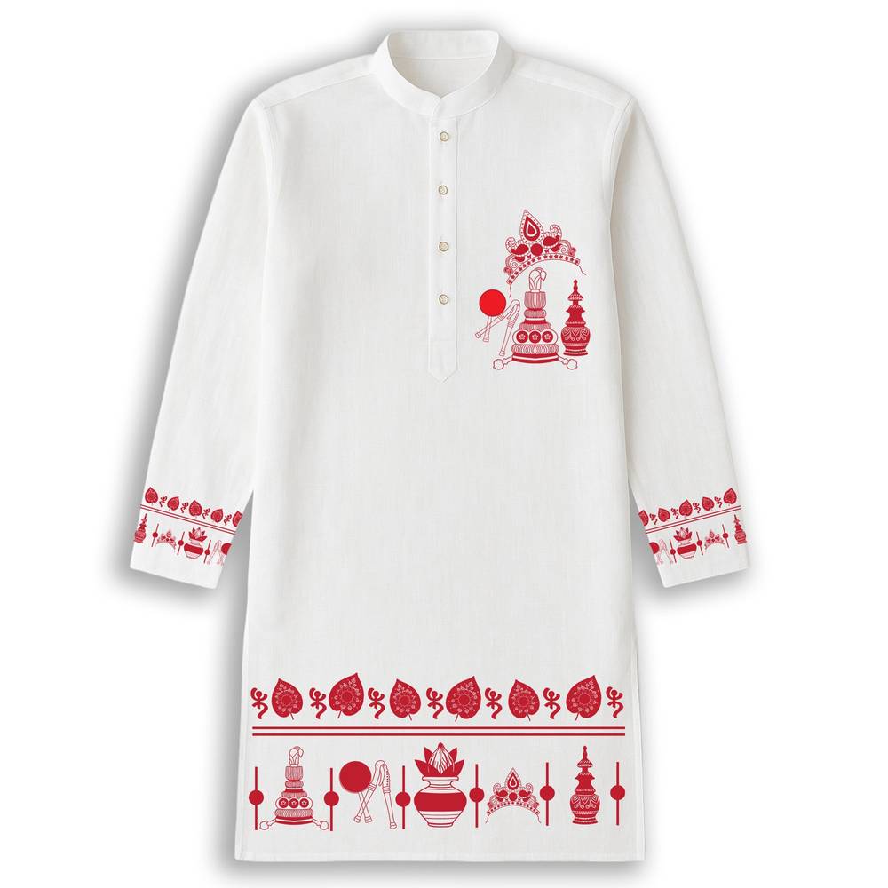 Bengali Wedding Graphic Kurta in premium white cotton featuring red traditional motifs, ideal for gaye holud, pujas, and wedding ceremonies.