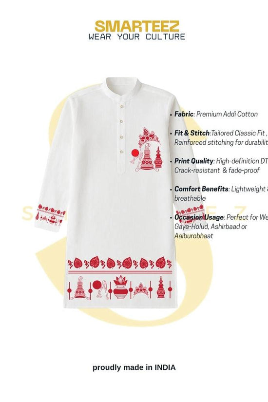 Bengali Wedding Graphic Kurta in premium cotton featuring red traditional motifs, ideal for gaye holud, pujas, and wedding ceremonies.