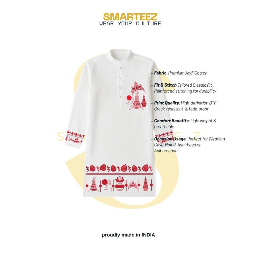 Bengali Wedding Graphic Kurta in premium cotton featuring red traditional motifs, ideal for gaye holud, pujas, and wedding ceremonies.
