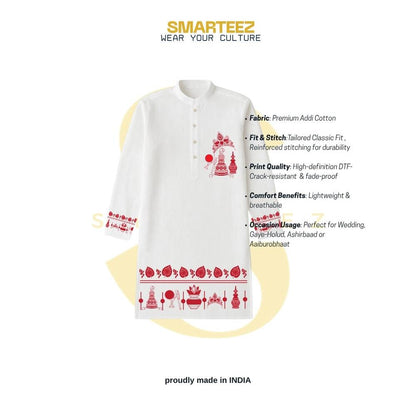 Bengali Wedding Graphic Kurta in premium cotton featuring red traditional motifs, ideal for gaye holud, pujas, and wedding ceremonies.