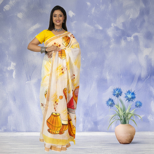 Hand-painted Sur Taal Kerala Cotton Saree featuring vibrant musical instrument designs, ideal for festive and ceremonial wear.