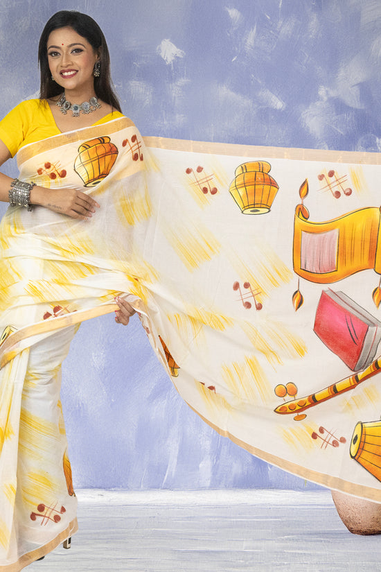 Sur Taal Saree - Hand-Painted Elegance in Kerala Cotton with musical motifs, perfect for cultural events and traditional celebrations.