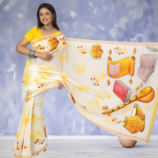 Sur Taal Saree - Hand-Painted Elegance in Kerala Cotton with musical motifs, perfect for cultural events and traditional celebrations.