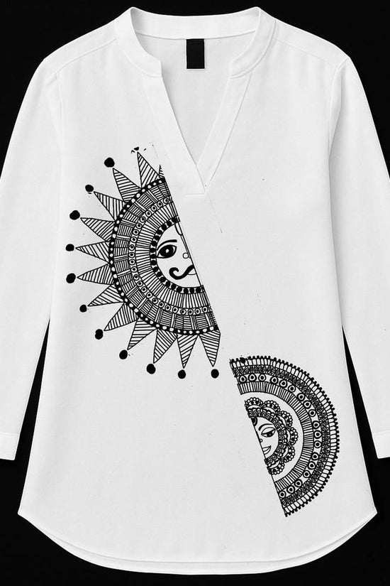 White cotton Mandala Art Kurti for women featuring black Sun & Moon folk motifs, ideal for festive and casual wear in ethnic fashion.