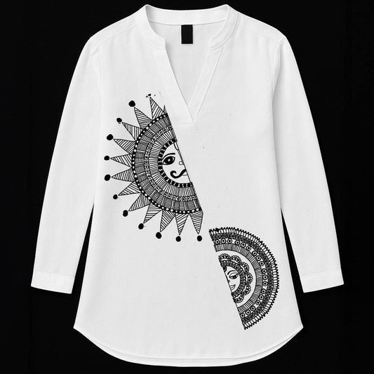 White cotton Mandala Art Kurti for women featuring black Sun & Moon folk motifs, ideal for festive and casual wear in ethnic fashion.
