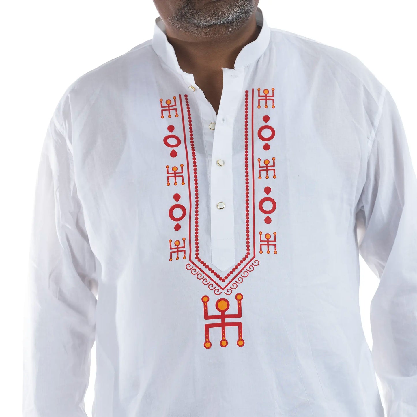 Side view of Durga Puja Swastik motif panjabi and dhuti set for men, white cotton