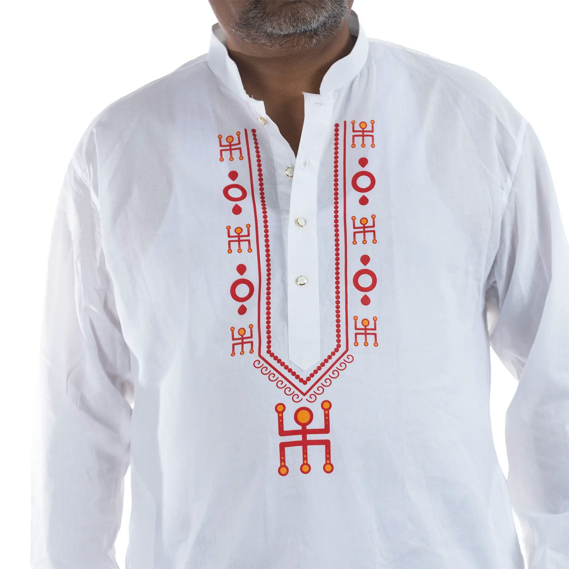 Side view of Durga Puja Swastik motif panjabi and dhuti set for men, white cotton