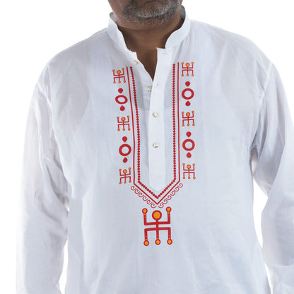 Side view of Durga Puja Swastik motif panjabi and dhuti set for men, white cotton
