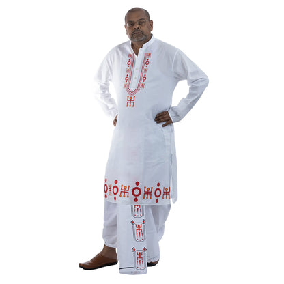 Durga Puja Swastik motif panjabi for men, white cotton with red and ochre auspicious symbol print