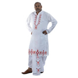 Durga Puja Swastik motif panjabi for men, white cotton with red and ochre auspicious symbol print