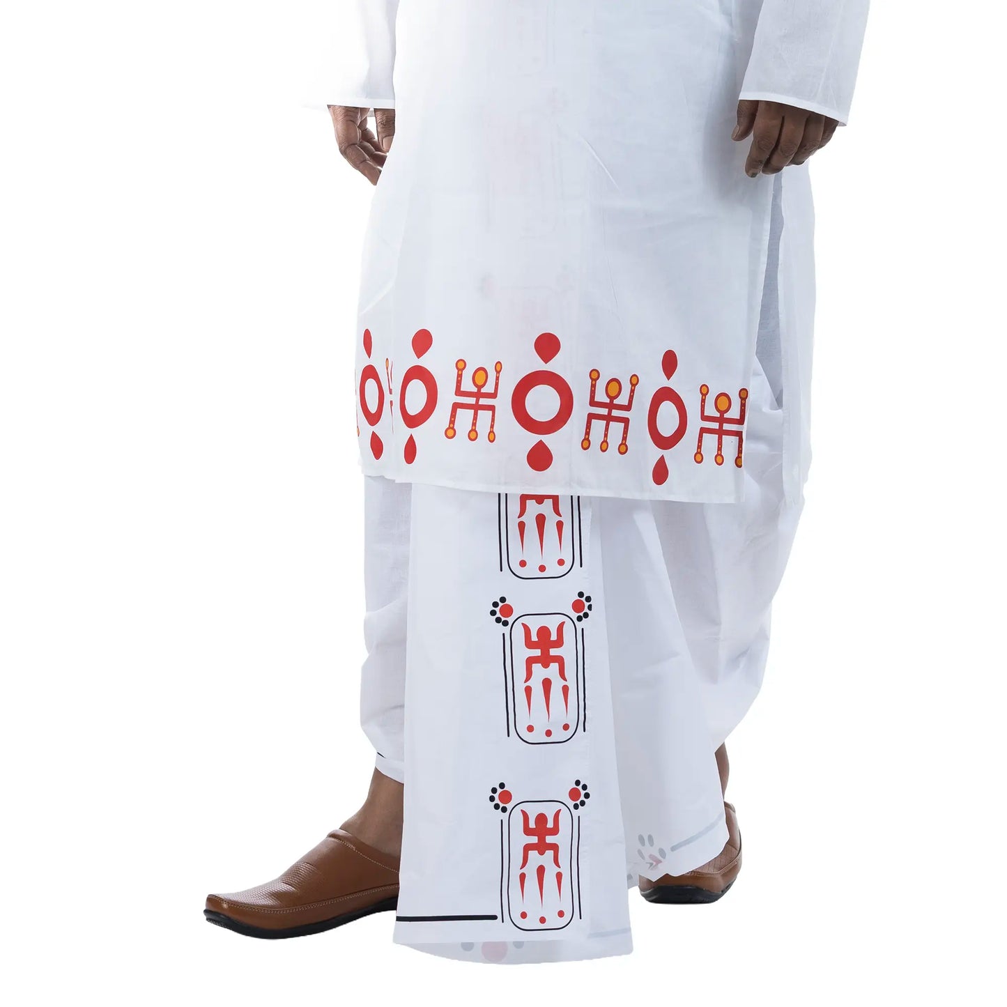 Full look of Durga Puja Swastik motif panjabi with traditional Bengali dhuti, white cotton ritual wear