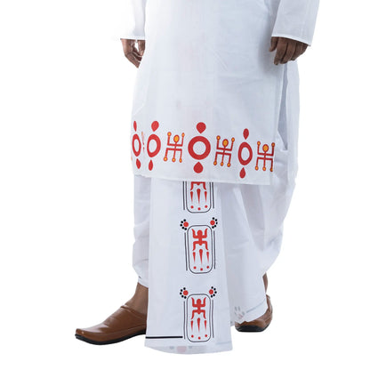 Full look of Durga Puja Swastik motif panjabi with traditional Bengali dhuti, white cotton ritual wear