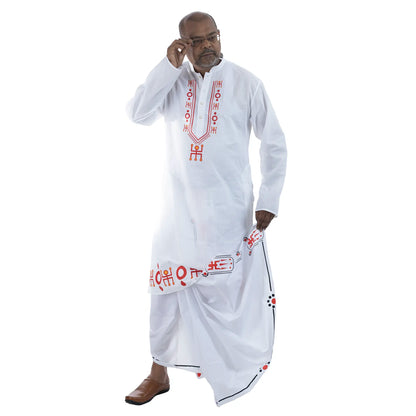 Close-up of Swastik motif print on Durga Puja special white cotton panjabi placket