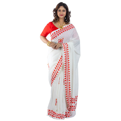 Durga Puja Swastik motif handloom khadi cotton saree for women, white with red and ochre auspicious symbol print