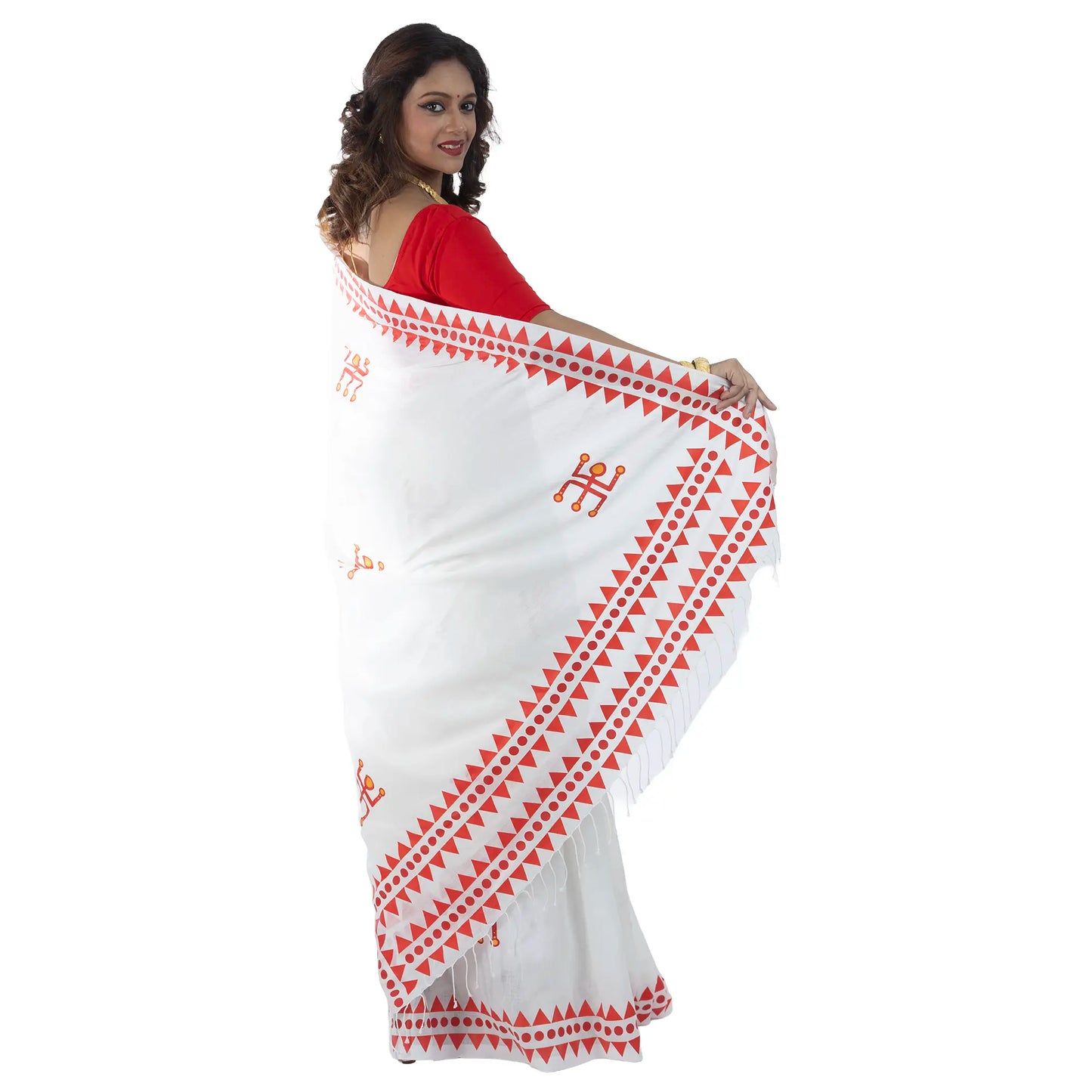 Durga Puja saree pallu draped over shoulder showing Swastik motif and triangular folk art border on khadi cotton