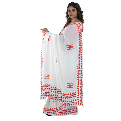 Durga Puja special khadi cotton saree side view with Swastik motif print and geometric border, Bengali ritual wear