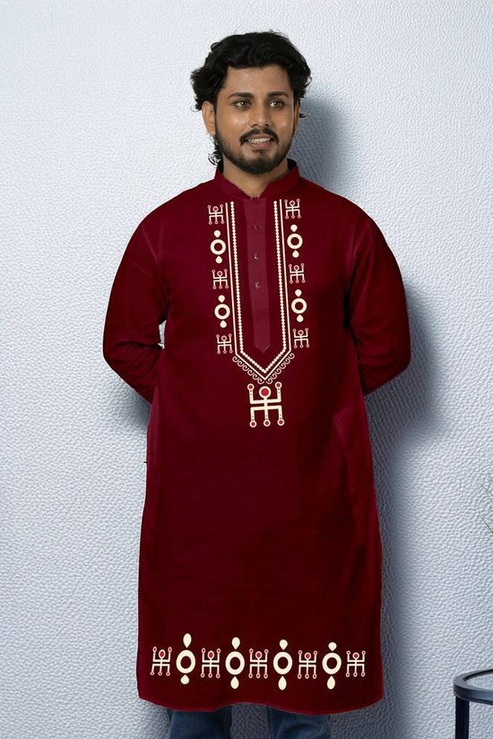 Bengali Art Kurta - Swastik Kurta in deep maroon with traditional white Swastik motif embroidery, ideal for festive and cultural occasions.
