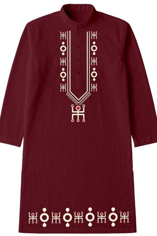 Bengali Art Kurta - Swastik Kurta in maroon with traditional Swastik motif embroidery on chest and hem. Ideal for festive and cultural occasions.