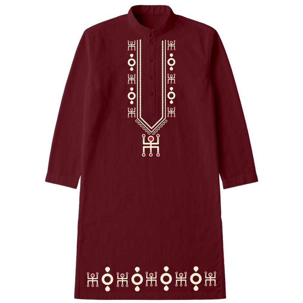 Bengali Art Kurta - Swastik Kurta in maroon with traditional Swastik motif embroidery on chest and hem. Ideal for festive and cultural occasions.