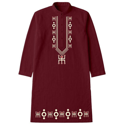 Bengali Art Kurta - Swastik Kurta in maroon with traditional Swastik motif embroidery on chest and hem. Ideal for festive and cultural occasions.