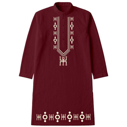 Bengali Art Kurta - Swastik Kurta in maroon with traditional Swastik motif embroidery on chest and hem. Ideal for festive and cultural occasions.