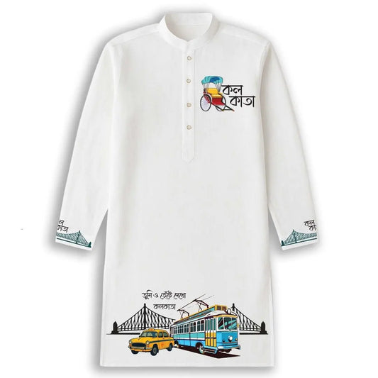 Detail close-up — rickshaw wordmark and Howrah Bridge cuff print, HD DTF on 100% cotton