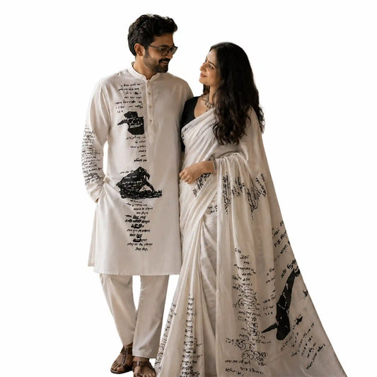 Tagore Scribble Couple Set — Handloom Khadi Saree & Panjabi | Rabindranath Manuscript Art | Wearable Bengali Heritage