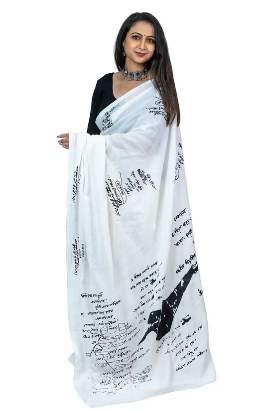 Tagore Scribble Saree — Rabindranath's Handwriting & Manuscript Art on Handloom Khadi Cotton | Wearable Bengali Heritage