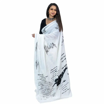 Tagore Scribble Couple Set — Handloom Khadi Saree & Panjabi | Rabindranath Manuscript Art | Wearable Bengali Heritage