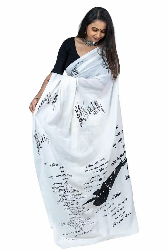 Tagore Scribble Saree — Rabindranath's Handwriting & Manuscript Art on Handloom Khadi Cotton | Wearable Bengali Heritage