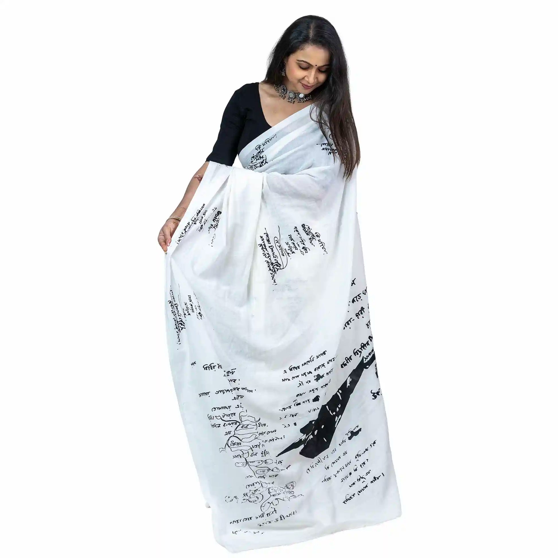 Tagore Scribble Saree — Rabindranath's Handwriting & Manuscript Art on Handloom Khadi Cotton | Wearable Bengali Heritage