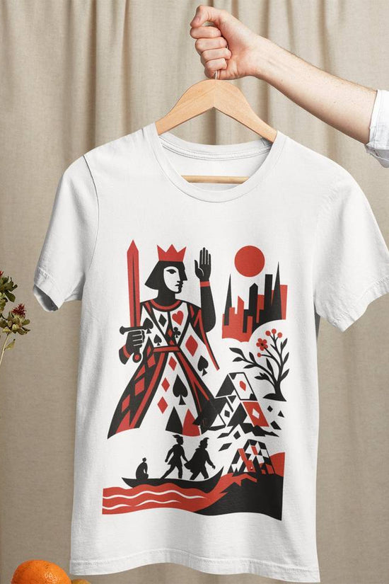 Tasher Desh Tee - Bengali graphic T-shirt featuring bold red and black folk art of a queen with a sword, inspired by Tagore’s iconic play.