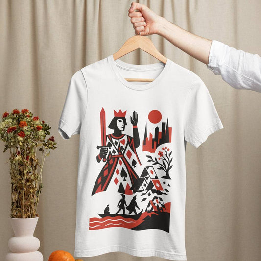 Tasher Desh Tee - Bengali graphic T-shirt featuring bold red and black folk art of a queen with a sword, inspired by Tagore’s iconic play.