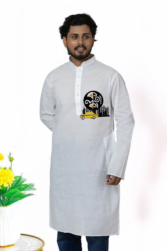 Heritage Kolkata Kurta Panjabi featuring bold cultural motifs like yellow taxi and Bengali script on white fabric. Ideal for festive or casual wear.