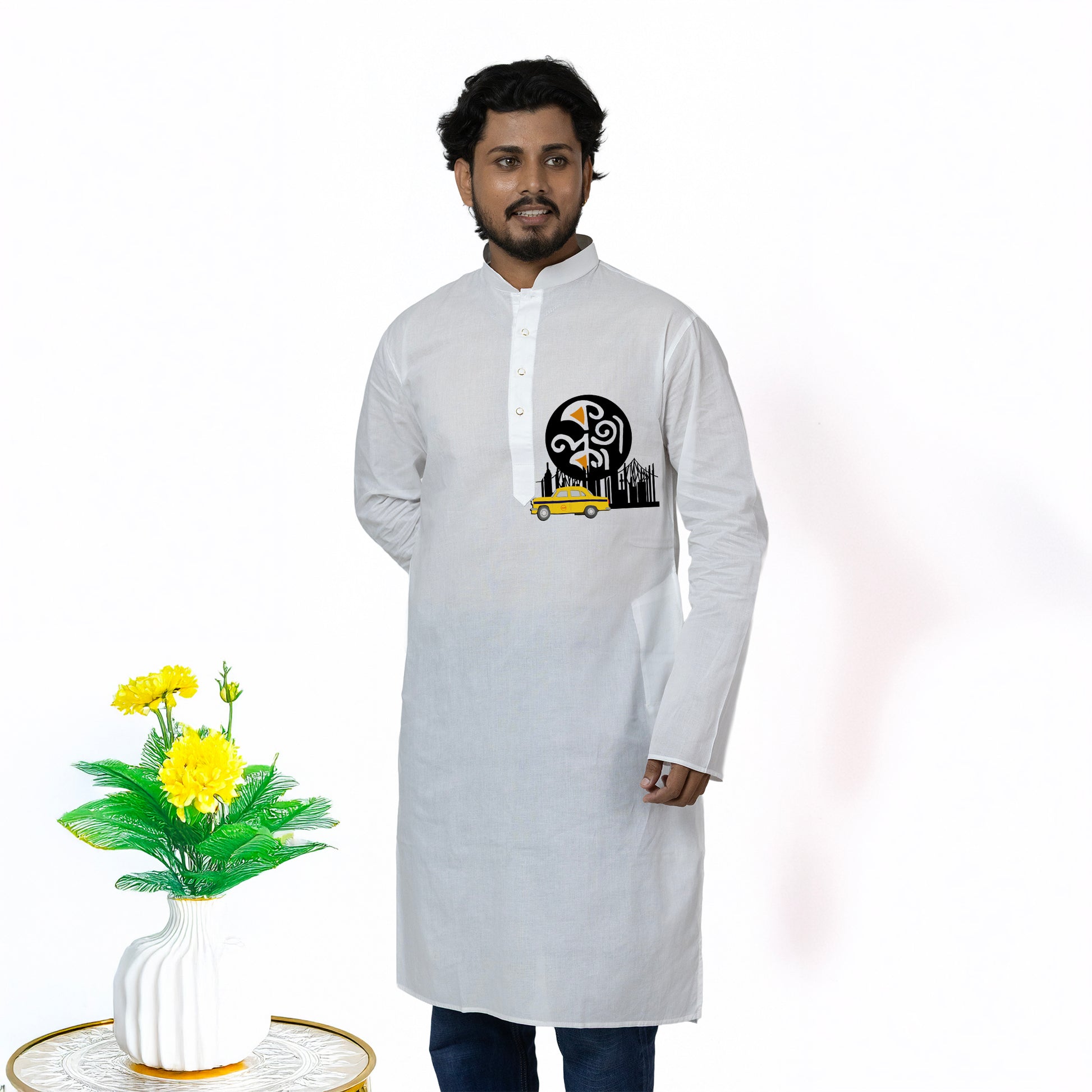 Heritage Kolkata Kurta Panjabi featuring bold cultural motifs like yellow taxi and Bengali script on white fabric. Ideal for festive or casual wear.
