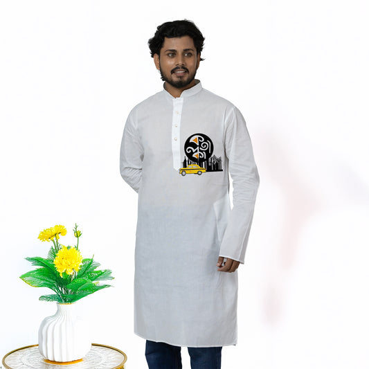 Heritage Kolkata Kurta Panjabi featuring bold cultural motifs like yellow taxi and Bengali script on white fabric. Ideal for festive or casual wear.