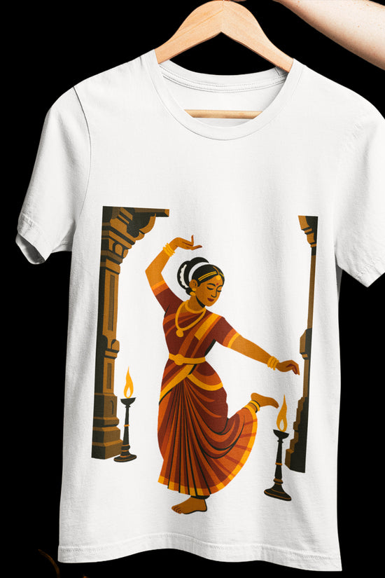 Indian Heritage T-Shirt featuring a classical temple dancer in traditional art style, printed on white cotton fabric. Ideal for cultural fashion lovers.